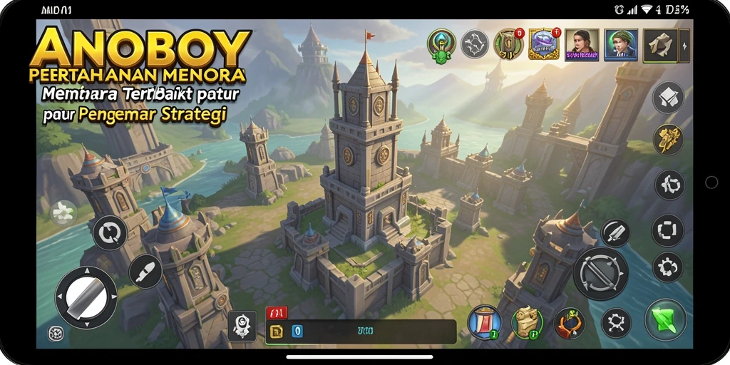 Tangkapan layar gameplay ANOBOY yang menunjukkan menara bertahan dari serangan musuh.